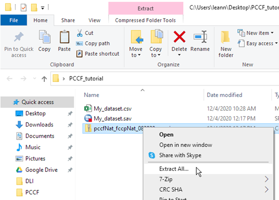 In File Explorer the pccfNat_fccpNat_082020 file is highlighted. A drop-down menu is open from the file, the mouse highlighting the option: Extract all.