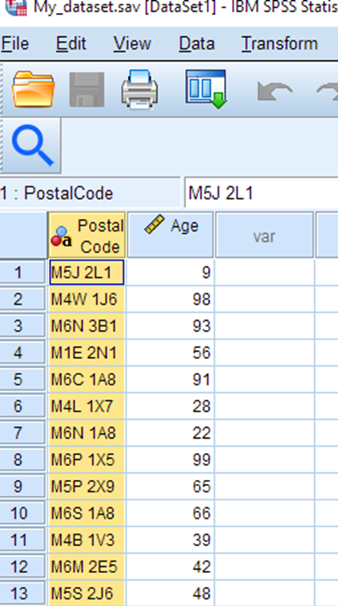 My_dataset.sav is open in SPSS. There are two columns: Postal Code; Age. All items in the Postal Code column are selected. 