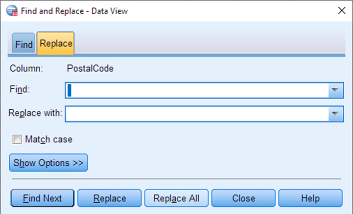 A pop-up titled: Find and Replace - Data view. The Replace tab is selected. The Find box contains one space. The Replace With box is empty. The Replace All button is selected.