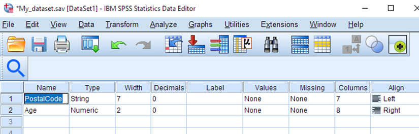 My_dataset.sav is open in SPSS. There are two rows: PostalCode; Age. PostalCode is selected. 