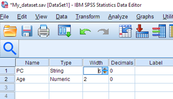 My_dataset.sav is open in SPSS. There are two rows: PC; Age. There are five columns: Name; Type; Width; Decimals; Label. In the PC row, under Width, it reads: 6. 