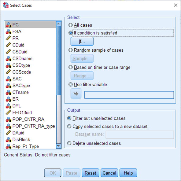 A pop-up titled: Select cases. On the right is a box titled: Select. The option If condition is satisfied is selected. There is a button underneath that reads If... 