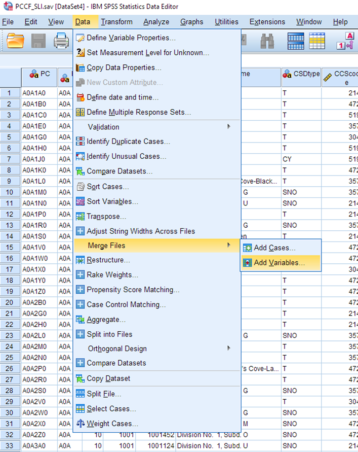 On the toolbar, Data is selected. There is a drop-down menu. Merge Files is selected. There is a menu from there. Add Variables is selected.