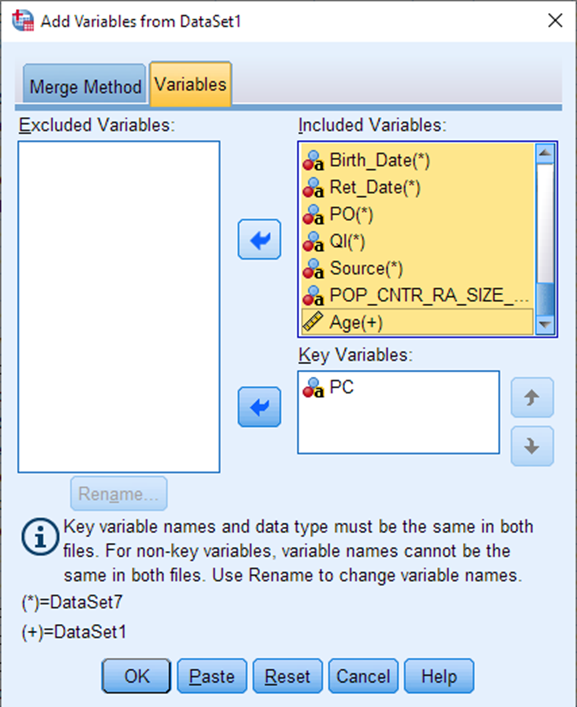 A pop-up titled: Add Variables from Dataset1. The Variables tab is selected. On the right is a box titled: Included Variables. All variables are selected.