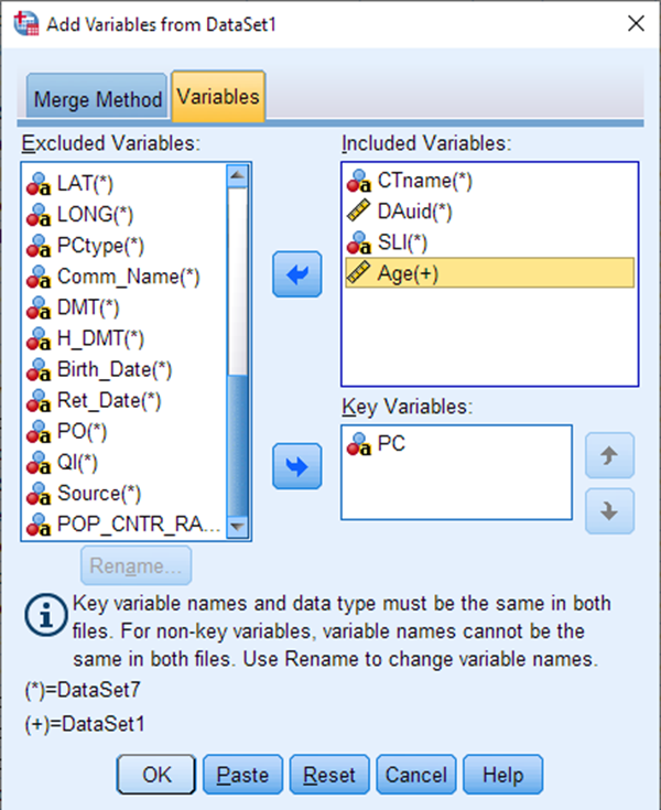 A pop-up titled: Add Variables from Dataset1. The Variables tab is selected. On the left is a box titled: Excluded Variables. There is a list of variables in the box. On the left is a box titled: Included Variables. The variables inside the Included Variables box are: CTname; DAuid; SLI; Age.