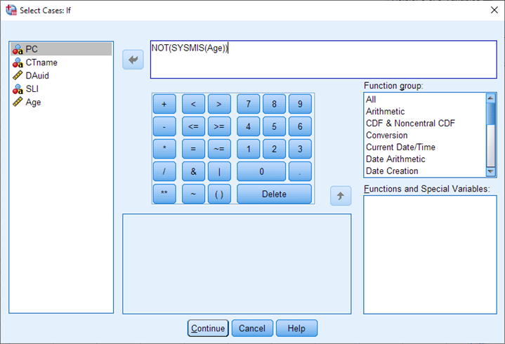 A pop-up titled: Select Cases: If. There is a text box on the top right. Inside the box reads: NOT(SYSMIS(Age))