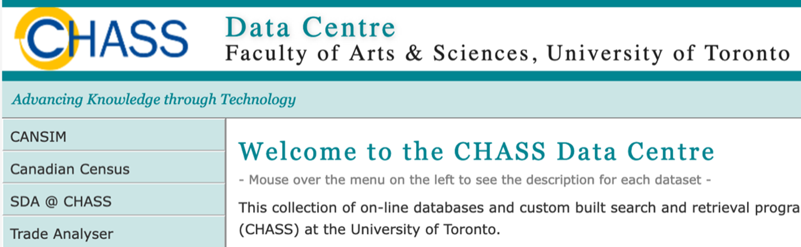 The homepage for CHASS Data Centre. On the left is a menu with the options: CANSIM; Canadian Census; SDA @ CHASS; Trade Analyser