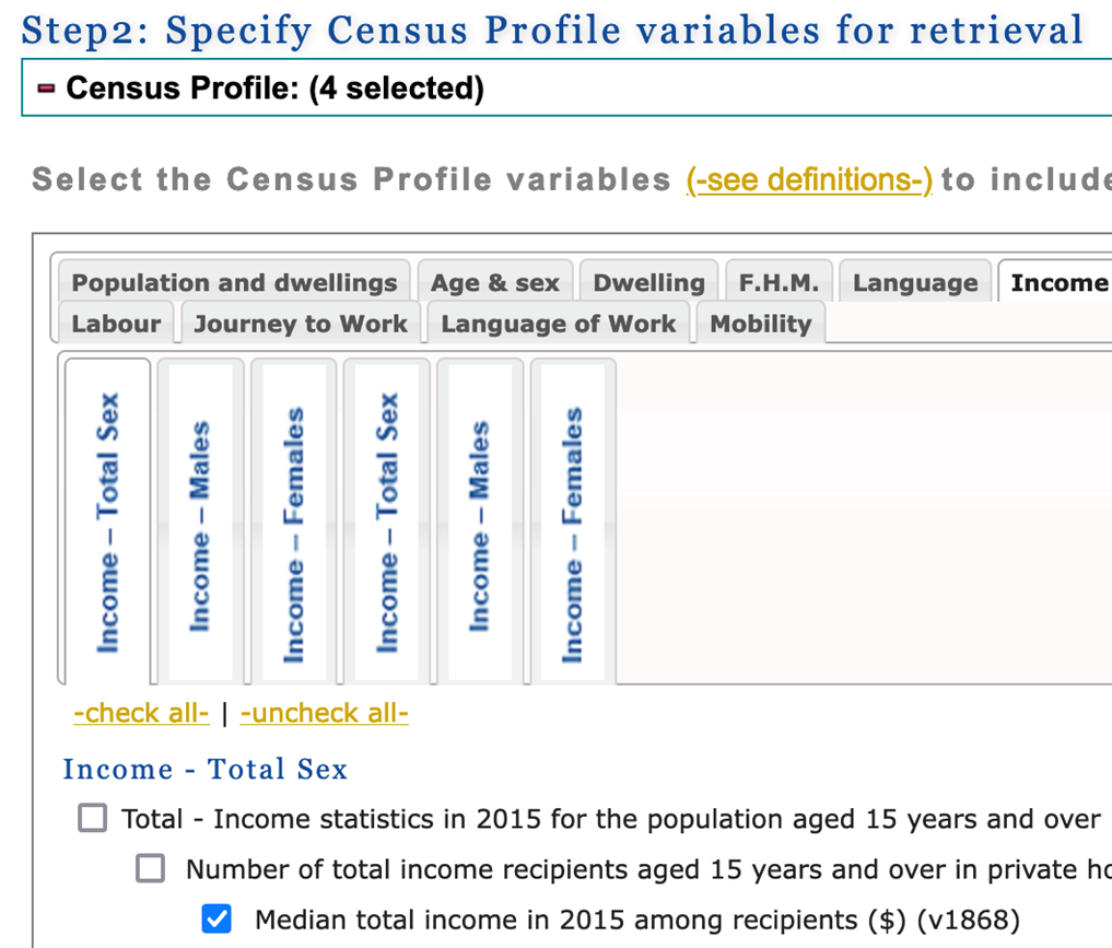 A website page from the CHASS Analyser. The title reads: Step2: Specify Census Profile variables for retrieval. Underneath is the option to select Census Profile Variables. The Income tab is selected. Under Income - Total Sex, the option Median total income in 2015 among recipients ($) (v1868) is selected.