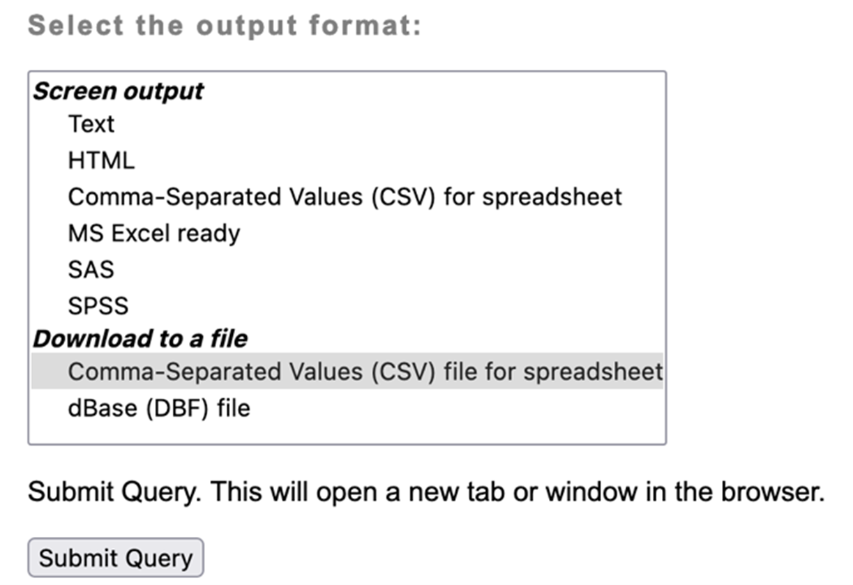 A section of the CHASS Analyser Output screen. The title reads: Select the output format. Under the title is a box with options for Screen output and the option to Download to a file. The option Comma-Separated Values (CSV) file for spreadsheet is selected. 