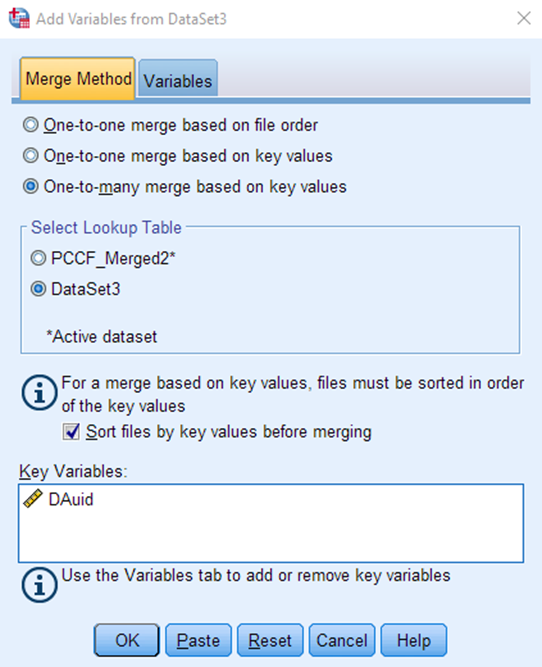 A pop-up titled Add Variables from DataSet3. The tab Merge Method is selected. Underneath, the option One-to-many merge based on key values is selected. Below is a box titled: Select Lookup Table. The option DataSet3 is selected. At the bottom is a box titled: Key variables. In the box is the variable DAuid. 