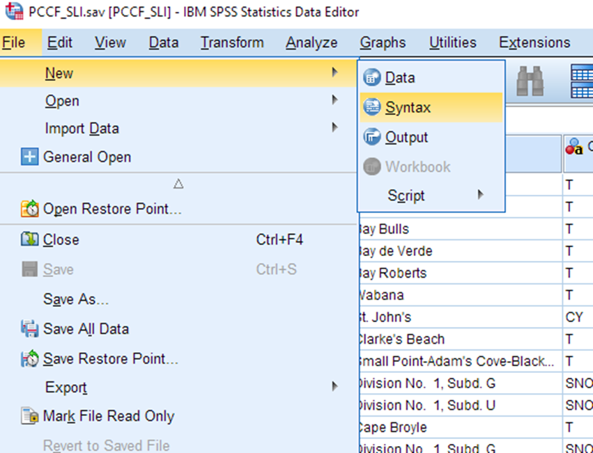 The file PCCF_SLI.sav is open in SPSS Statistics Data Editor. In the toolbar, File is selected. From the drop-down menu, New is selected, followed by Syntax.