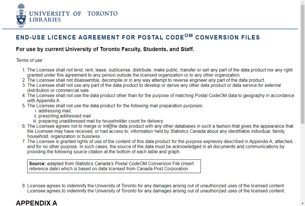 University of Toronto Library End-Use License Agreement for Postal Code(OM) Conversion Files