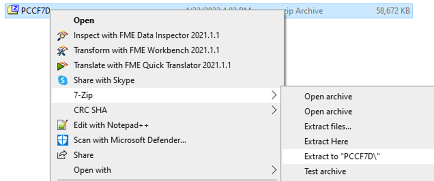 A zip-file titled PCCF7D in file explorer. The file is highlighted, and there is a drop-down menu. The option 7-Zip is selected, followed by Extract to "PCCF7D\"