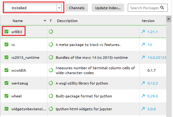 In Anaconda, go to the Environments section, from the drop down menu select Installed, then check if urllib3 is installed.