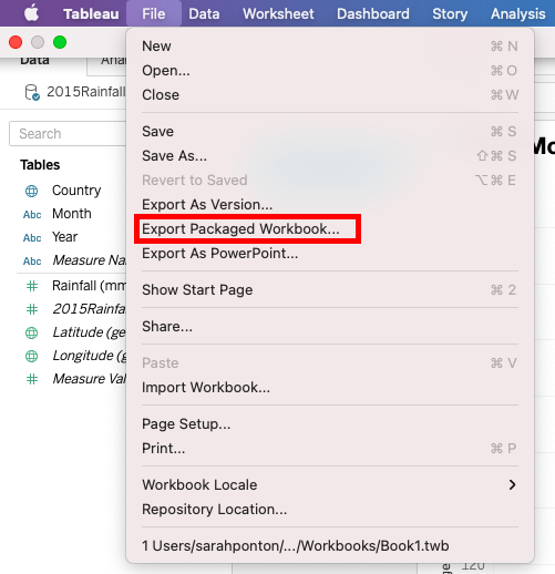 How to Export Package Workbook using the File tab. Export Package Workbook highlighted.