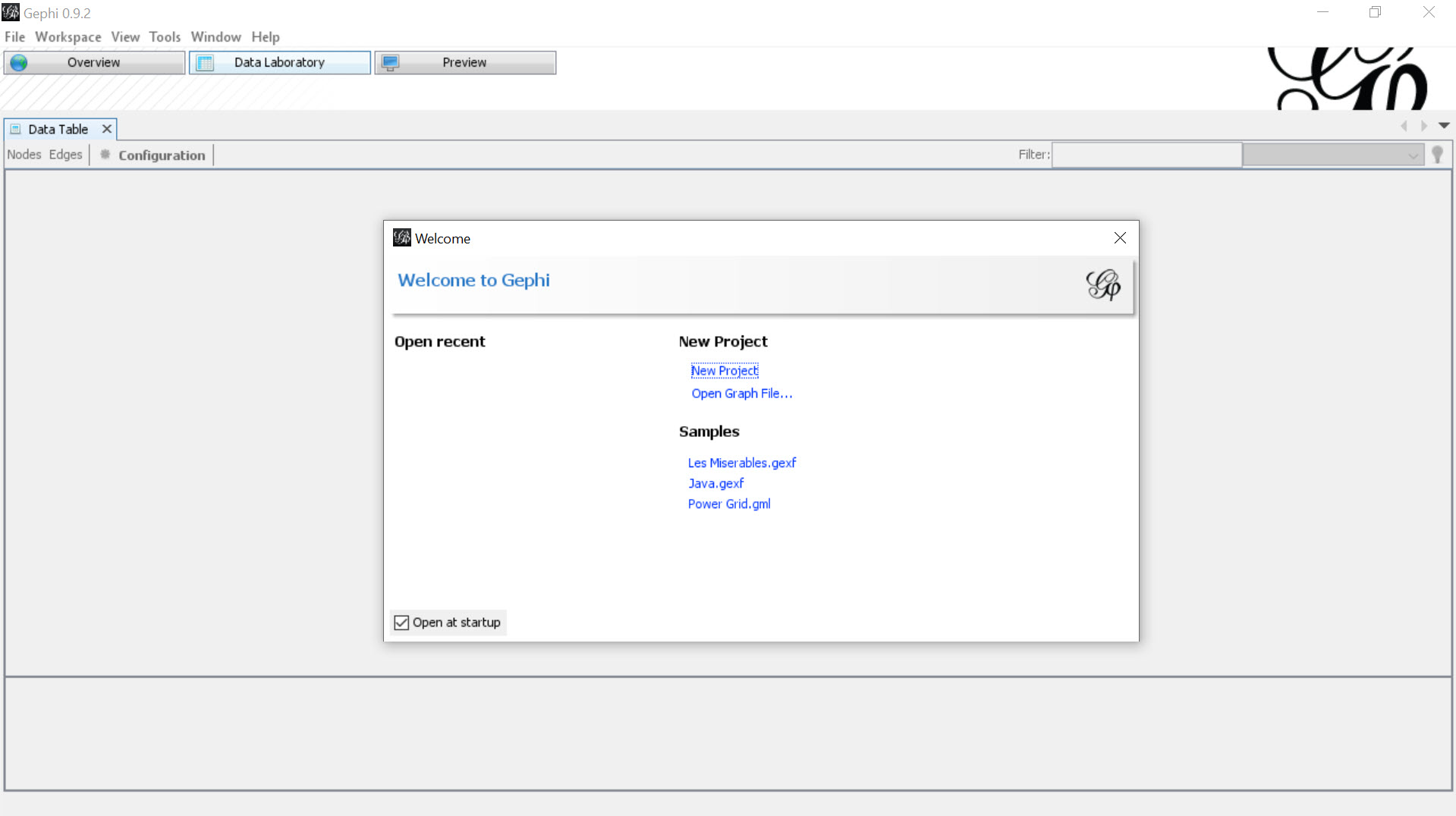 The Gephi application with the 'Welcome' startup menu.