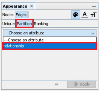 In the 'Appearance' pane, the 'Partition' option as well as 'relationship' option listed in the dropdown menu are both highlighted.