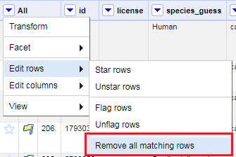 Drop down on All, Edit rows, Remove all matching rows