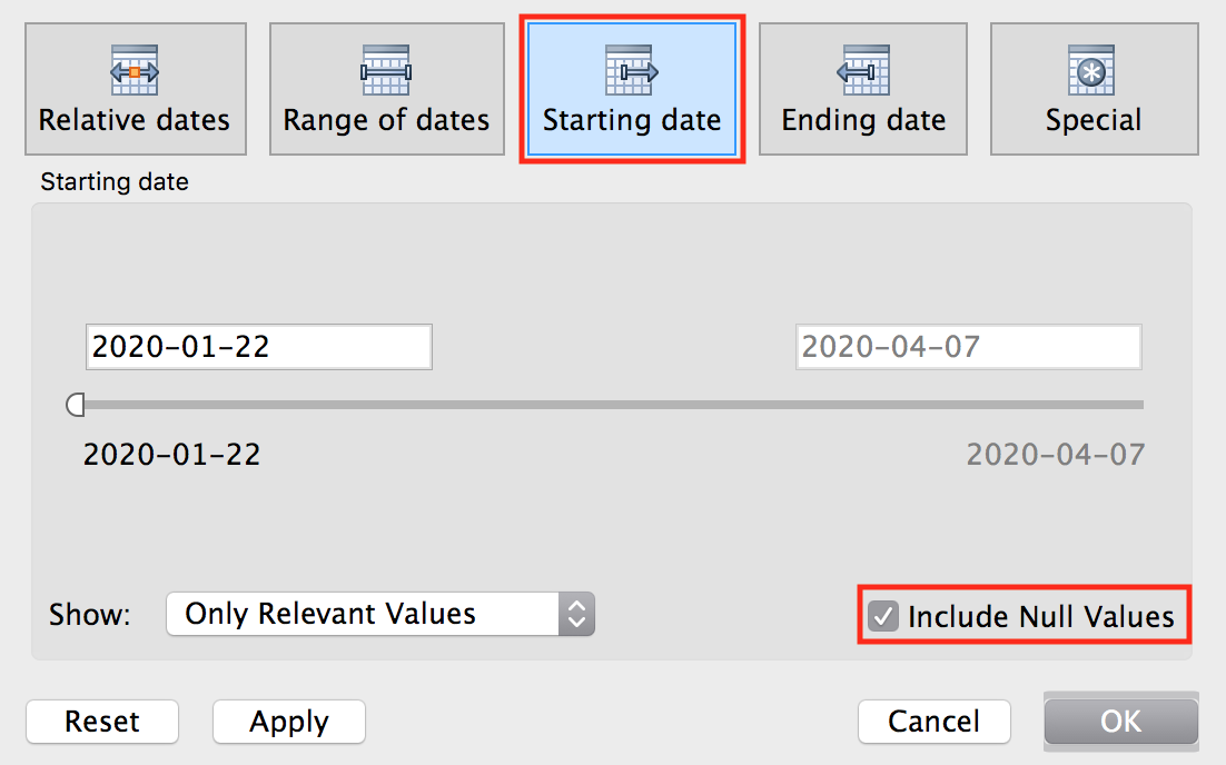 The "Filter [Date]" pop up window the items “Starting date” and "Include Null Values" highlighted. 