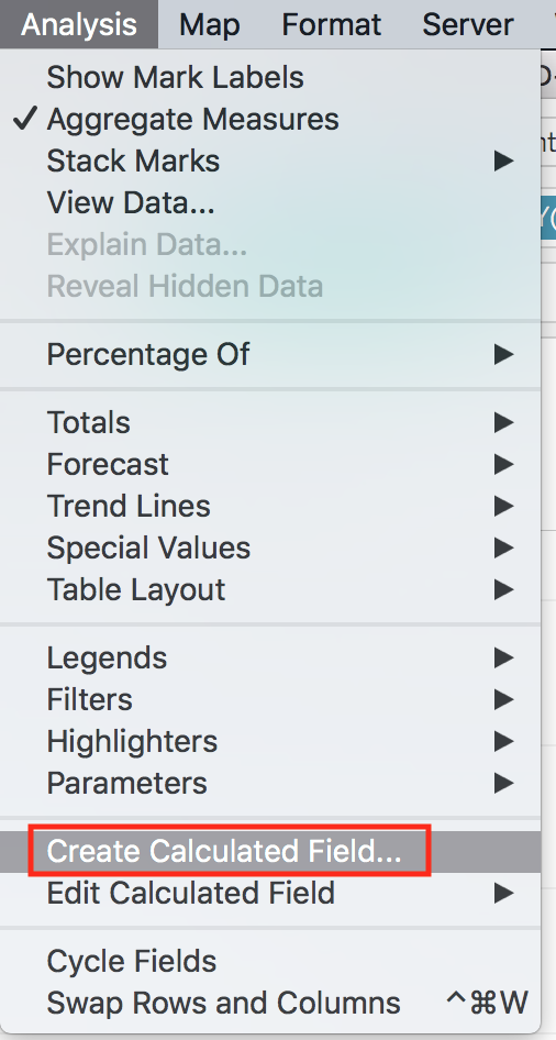 Analysis drop down menu with the menu item "Create Calculated Field" highlighted.