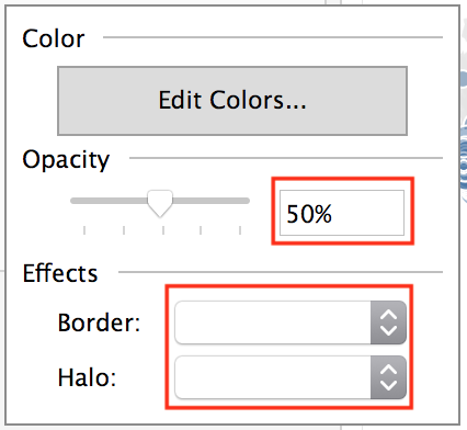 "Color" drop down menu with 50% opacity and the border and halo set to white